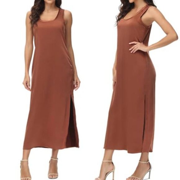 Frye | NWT Brown Lela Satin Scoop-Neck Side-Slit Tank Maxi Dress - Size L - Picture 1 of 14
